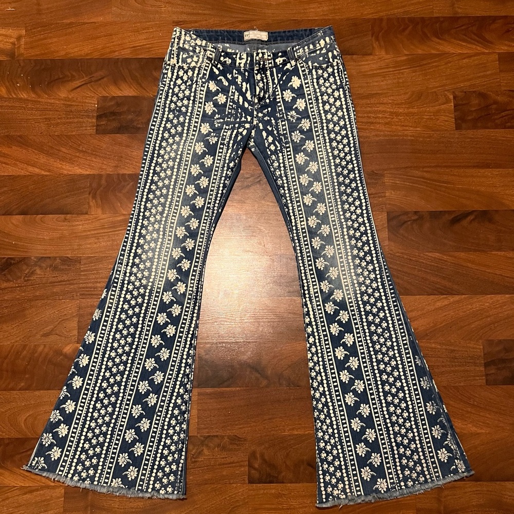 Free People Indigo Blue Patterned Flare Jeans - Picture 2 of 12
